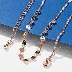 Розовое Золото Ожерелья из латунного кабеля и плоских цепочек с пайетками для женщин, 304 из нержавеющей стали застежкой омар, стойки покрытие, без свинца и без кадмия, долговечный, розовое золото , 15.71 дюйм (39.9 см)