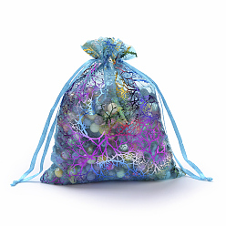 Dark Turquoise Organza Gift Bags, Drawstring Bags, with Colorful Coral Pattern, Rectangle, Dark Turquoise, 9x7cm