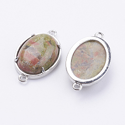 Унакит Латунные соединители из натурального унакита, овальные, платина, 15x26x5.5~7 мм, отверстие : 1.5~2 мм