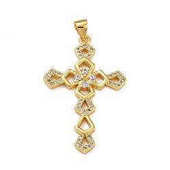 Real 18K Gold Plated Brass Micro Pave Clear Cubic Zirconia Pendants, Cross, Real 18K Gold Plated, 36x22.5x2.5mm, Hole: 4x3mm