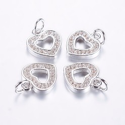 Платинированный Долговечные латунные микропрофили кубические циркониевые прелести, полые сердца, Реальная платина, 12.5x10.5x2 мм, отверстие : 3 мм