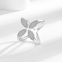 Платина Латунные микро проложить манжеты кольца кубического циркония, клевер, без кадмия, без никеля и без свинца, платина, внутренний диаметр: 17.3~17.5 мм