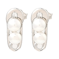 Platinum Anti-Tarnish Rhodium Plated 925 Sterling Silver Safety Pin Shape Stud Earrings, with Natural Pearl Beaded, Platinum, 12x5mm