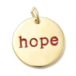 Красный Латунь эмаль подвески, плоские круглые со словом надежды, стойки покрытие, долговечный, без кадмия и без свинца, реальный 18 k позолоченный, с целью перехода в кольце, красные, 15x1.5 мм, отверстие : 3 мм