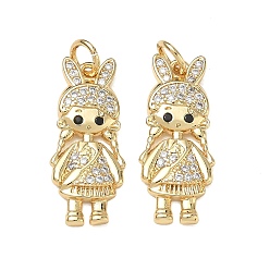 Real 18K Gold Plated Brass Micro Pave Black Cubic Zirconia Pendants, Girl Charms, Rack Plating, Cadmium Free & Lead Free, Real 18K Gold Plated, 23.5x10x2.5mm, Hole: 3.5mm