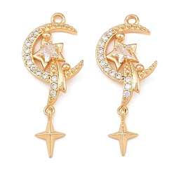 Real 18K Gold Plated Brass Micro Pave Clear Cubic Zirconia Pendants, Moon with Star Charms, Real 18K Gold Plated, 31x13x3mm, Hole: 1.4mm
