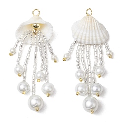 Белый Подвески из стеклянных бусин в виде медуз, с ракушкой и искусственным жемчугом и настоящей 18позолотой 304 из нержавеющей стали, белые, 68.5x26.5x8.5 мм, отверстие : 3.5 мм