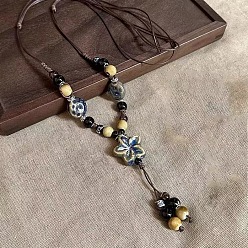 Черный Сплав и фарфоровые бусины с кисточкой в виде цветка, длинные нагрудные ожерелья для женщин, чёрные, 25.98~34.65 дюйм (66~88 см)