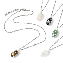 Нержавеющая Сталь Цвет Ожерелья-подвески из натуральных смешанных драгоценных камней с острыми гранеными пулями и медной проволокой, с 304 кабельными цепочками из нержавеющей стали, цвет нержавеющей стали, 17.76 дюйм (45.1 см)