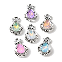 Platinum UV Plating Alloy Glass Pendants, Teardop with Bowknot Charm, with Rhinestone, Faceted, Mixed Color, Platinum, 21x14x4.5mm, Hole: 1.8mm