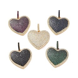 Mixed Color Heart Brass Micro Pave Cubic Zirconia Pendants, Cadmium Free & Nickel Free & Lead Free, Real 18K Gold Plated, Mixed Color, 31mm, Hole: 3x6mm