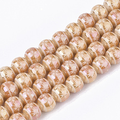 Orange Electroplate Glass Beads Strands, Round with Flower Pattern, Orange, 8x7.5mm, Hole: 1.2mm, about 40pcs/strand, 11.8 inch