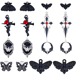 Черный 32шт. 8 стили: готический, тема Хэллоуина, сплав, эмалированные подвески, разнообразные, чёрные, 20.5~47.5x20~41x1.5~4 мм, отверстие : 1.2~2 мм, 4 шт / стиль
