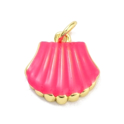 Темно-Розовый Настоящие 18k позолоченные подвески из латуни и эмали, с целью перехода в кольце, долговечный, без свинца и без кадмия, шарм в форме ракушки, темно-розовыми, 14x14x3.5 мм, отверстие : 3 мм