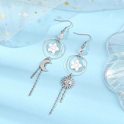 Stainless Steel Color Natural Rainbow Moonstone Beads Moon Star Dangle Earrings, 304 Stainless Steel Asymmetrical Earrings, with 316 Surgical Stainless Steel Earring Hooks, Stainless Steel Color, 110x25mm