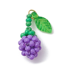 Темно-Фиолетовый Подвески-розы из стеклянных бус, с настоящими 18позолоченными 304 кольцами из нержавеющей стали и акриловыми листьями, темно-фиолетовый, 18x8x7.5 мм