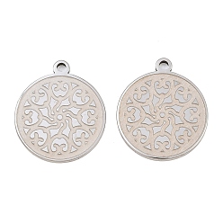 Stainless Steel Color 304 Stainless Steel Pendants, Flat Round with Flower Pattern Charms, Stainless Steel Color, 25x21.5x2mm, Hole: 2mm