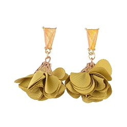 Dark Khaki Alloy Dangle Ear Studs, with Handmade Cloth Pendant, Plastic Ear Nuts, Flower, Dark Khaki, 43mm, Pin: 0.7mm