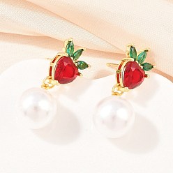 Настоящее золото 18K Серьги-гвоздики из клубничной латуни с микропаве из кубического циркония, с абс пластмассовой имитационной жемчужиной, без кадмия и без свинца, долговечный, стойки покрытие, реальный 18 k позолоченный, 31x11.5 мм