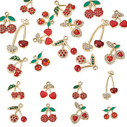 Red 16Pcs 8 Styles Cherry Alloy Pendants, with Rhinestone & Enamel, Red, 15~22.5x15~23x2~7mm, Hole: 1.6~2.3mm, 2pcs/style