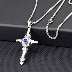 Капри Синий Ожерелья с подвеской из сплава креста и стразами для мужчин, платина, Капри синий, 23.62 дюйм (60 см)