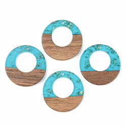 Dark Turquoise Transparent Resin & Walnut Wood Pendants, with Gold Foil, Flat Round, Dark Turquoise, 28x3mm, Hole: 2mm