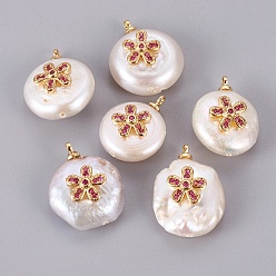 Средний Фиолетово-красный Подвески из натурального пресноводного жемчуга, с кабошонами из фианита, долговечный, самородки с цветком, реальный 18 k позолоченный, средне фиолетовый красный, 17~20x13~15x7~8.5 мм, отверстие : 1.4~1.5 мм