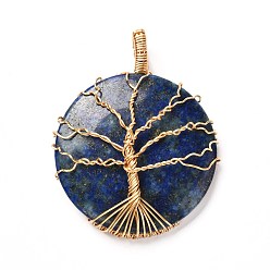Lapis Lazuli Natural Lapis Lazuli Pendants, with Real 18K Gold Plated Eco-Friendly Copper Wire, Half Round, 47x39x9mm, Hole: 6.5x4.5mm