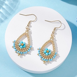 Магнезит Серьги-капли из нержавеющей стали, со стеклянными бусинами и натуральным магнезитом и 304 крючками для сережек из нержавеющей стали, золотые, 52~53.5x23~23.5 мм