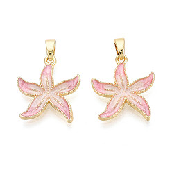 Розовый Латунь с эмалевыми подвесками, прелести морская звезда, реальный 18 k позолоченный, туманная роза, 18x16x2.5 мм, отверстие : 4.5x2.5 мм