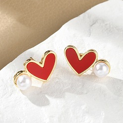 Красный Серьги-гвоздики в форме сердца из латуни, с abs имитационными жемчужными бусинами , стойки покрытие, долговечный, без кадмия и без свинца, реальный 18 k позолоченный, красные, 11x20 мм
