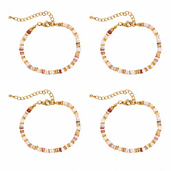 Seashell Color Bohemian Natural Shell Heishi Beaded Bracelet Sets, Adjustable Stackable Bracelets with Brass End Chains and Glass Beads, Golden, Seashell Color, 6.50 inch(16.5cm)~6.69 inch(17cm), 4pcs/set