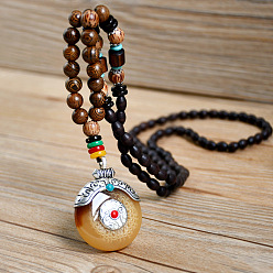 Rondelle Длинные ожерелья из буддийских деревянных бусин с подвесками из сплава, смолы и стекла для женщин, античное серебро, рондель, 29.53 дюйм (75 см)