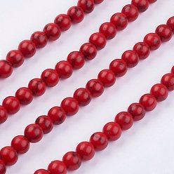 Красный Имитация синтетический бирюзовый шарик нити, окрашенные, круглые, красные, 6~6.5 мм, отверстие : 1 мм, около 64 шт / нитка, 15 дюйм