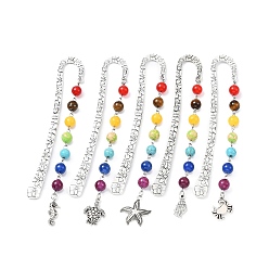 Mixed Shapes Закладки из сплава с морской тематикой, Круглая подвеска-закладка из смешанного камня чакры из бисера, разнообразные, 137~141x21 мм