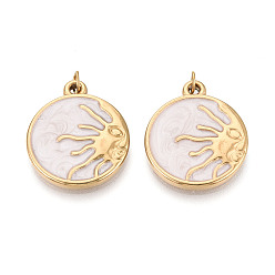Настоящее золото 18K 304 нержавеющей стальной эмали подвески, плоский круглый с солнечным шармом, с целью перехода в кольце, ионное покрытие (ip), реальный 18 k позолоченный, 22x18.5x3 мм, отверстие : 2.5 мм