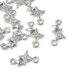 Real Platinum Plated SHEGRACE Brass Micro Pave Clear Cubic Zirconia Double Star Links Connector Charms, Cadmium Free & Nickel Free & Lead Free, Long-Lasting Plated, Real Platinum Plated, 12x6x2mm, Hole: 1mm & 1.4mm