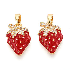 Настоящее золото 18K Латунные микро проложить кубического циркония подвески, без кадмия, без никеля и без свинца, с эмалью, клубника, реальный 18 k позолоченный, 16x11.5x4.5 мм, отверстие : 4x3 мм