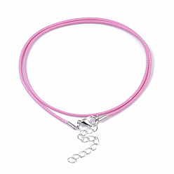 Hot Pink Waxed Cotton Cord Necklace Making, with Alloy Lobster Claw Clasps and Iron End Chains, Platinum, Hot Pink, 17.4 inch(44cm), 1.5mm