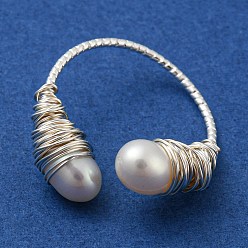 Silver Natural Pearl Cuff Ring, Brass Wire Wrap Finger Ring, Silver, US Size 6 3/4(17.1mm)