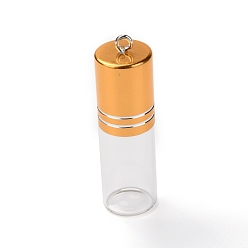 Gold Transparent Glass Perfume Bottle Pendant, with Brass Screw Cap Bottle, Gold, 53x15.5mm, Hole: 2mm, Capacity: 3ml(0.10fl. oz)
