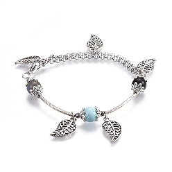 Synthetic Turquoise 304 Stainless Steel Charm Bracelets, with Synthetic Turquoise(Dyed) Beads, Natural Labradorite, Natural Sandalwood, Alloy Finding, Leaf, 7-5/8 inch(19.5cm)