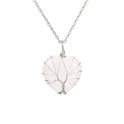 Quartz Crystal Natural Quartz Crystal Heart Pendant Necklaces, Platinum Copper Wire Wrap Necklace, 20.47 inch(52cm)