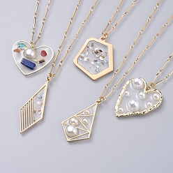 Colorful Epoxy Resin Pendant Necklaces, with Gemstone Chip, Shell, ABS Plastic Imitation Pearl, Brass Bar Link Chains and Lobster Claw Clasps, Mixed Shapes, Real 18K Gold Plated,Golden, Mixed Color, 22.4 inch(57cm)