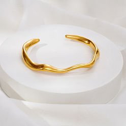 Real 18K Gold Plated 304 Stainless Steel Textured Wave Open Cuff Bangles for Women, Real 18K Gold Plated, Inner Diameter: 2.32 inch(5.9cm)