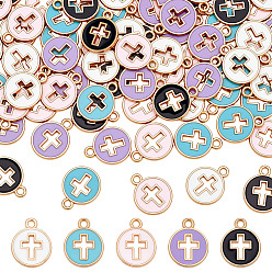 (52) Непрозрачная лаванда 80подвески из эмалированной стали с покрытием из светлого золота, плоские круглые с крестом, разноцветные, 15x12x1.5 мм, отверстие : 1.6 мм, 80 шт / комплект
