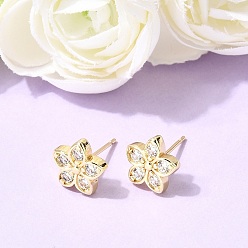 Цветок Серьги-гвоздики из латуни с микропаве и прозрачными кубическими циркониями ко Дню святого Валентина, без кадмия и без свинца, долговечный, стойки покрытие, цветок, 10x11 мм