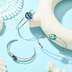 Stainless Steel Color 3Pcs 3 Styles Natural Abalone Shell 304 Stainless Steel Open Cuff Bangle Sets with Enamel, Flat Round, Stainless Steel Color, Inner Diameter: 1.89x2.60 inch(4.8x6.6cm), about 1pc/style