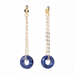 Sodalite Natural Sodalite Dangle Stud Earrings, with Brass Stud Earring Findings, Brass Cable Chains and Ear Nuts, Rondelle, 60mm, Pin: 0.8mm