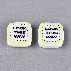 Слово Печатные непрозрачные бусины из смолы, квадрат со словом, посмотри сюда, 16x16x6 мм, отверстие : 1.4 мм